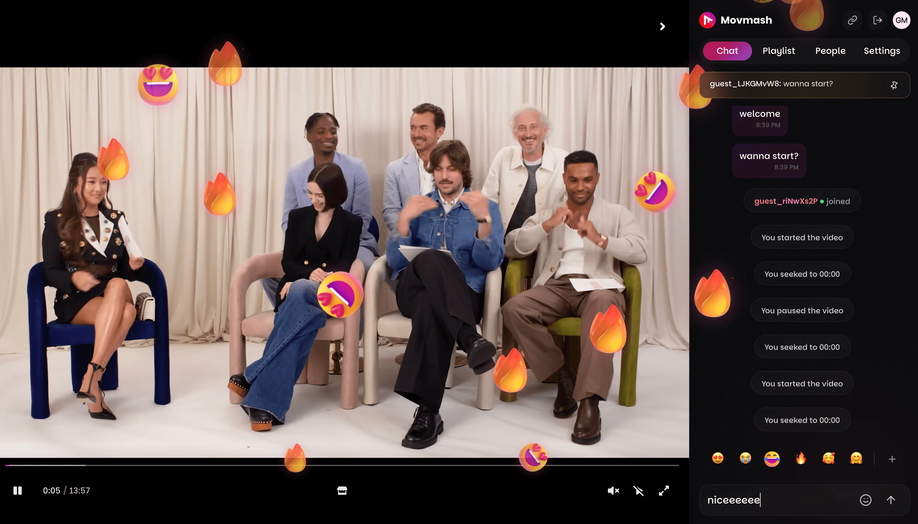 Movmash room interface with video, chat, and reactions